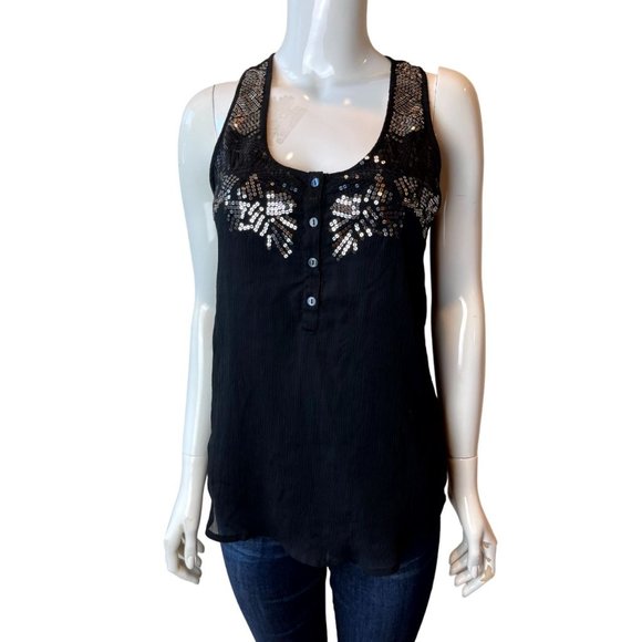 BCX Womens Sequin Detail Tank Top Front Button Racerback Black Size Medium - Picture 1 of 6